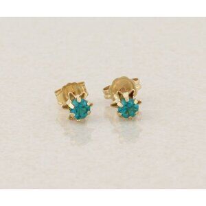 14k Yellow Gold Green Blue Teal CZ Earrings Stud Post 3/16" Flower Buttercup